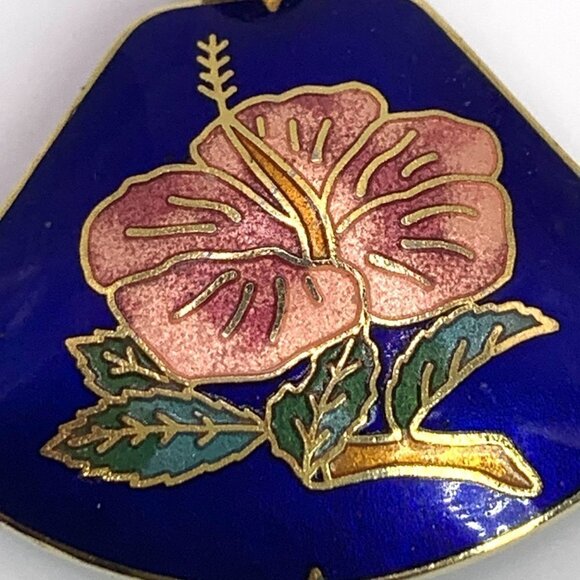 Cloisonne Enamel Pendant With Floral Design Dual Sided Deep Blue/Pink/Gold 1.5" - Picture 5 of 5
